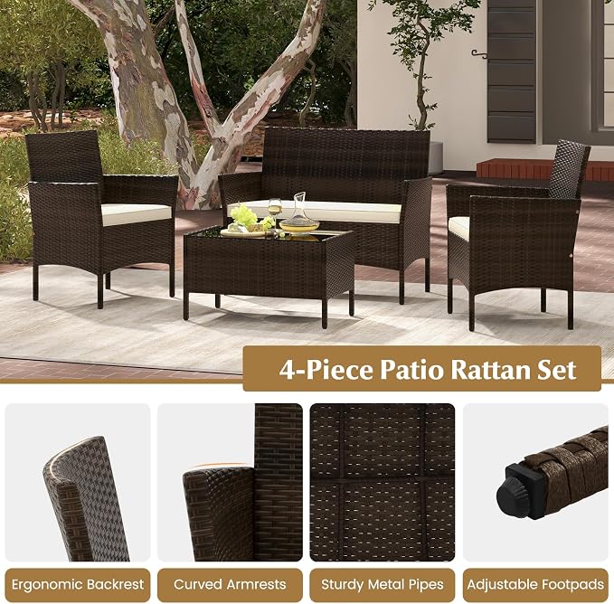 Tangkula 8 Piece Patio Rattan Conversation Set, Outdoor Wicker Furniture Set with Chair, Loveseat & Tempered Glass Table, Cozy Seat Cushions, Outside Sectional Sofa Set for Backyard, Porch (2, Beige)