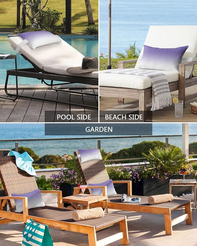 Outdoor Pillows Covers with Inserts Minimalist Purple and White Gradient Waterproof Recliner Pillow with Adjustable Strap Throw Pillows for Patio Furniture Pool Lounge Chair, 11x16 inch, 1PCS