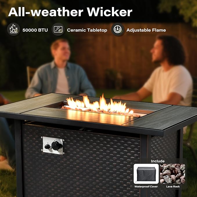 6 Pieces Patio Furniture Set with 42" Fire Pit, All-Weather Rattan Outdoor Sectional Conversation Sets L Shaped Sofas with Solar Light Coffee Table for Porch Balcony,Coarse Stripes Red
