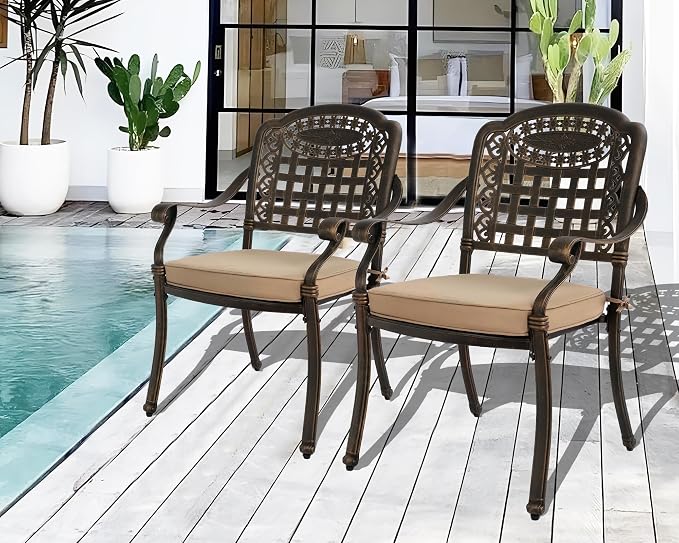 Grepatio Patio Dining Chairs Stackable Outdoor Chair Dining Furniture Set of 2, All Weather Cast Aluminum Dining Chairs with Cushion for Porch, Yard, Balcony Antique Bronze