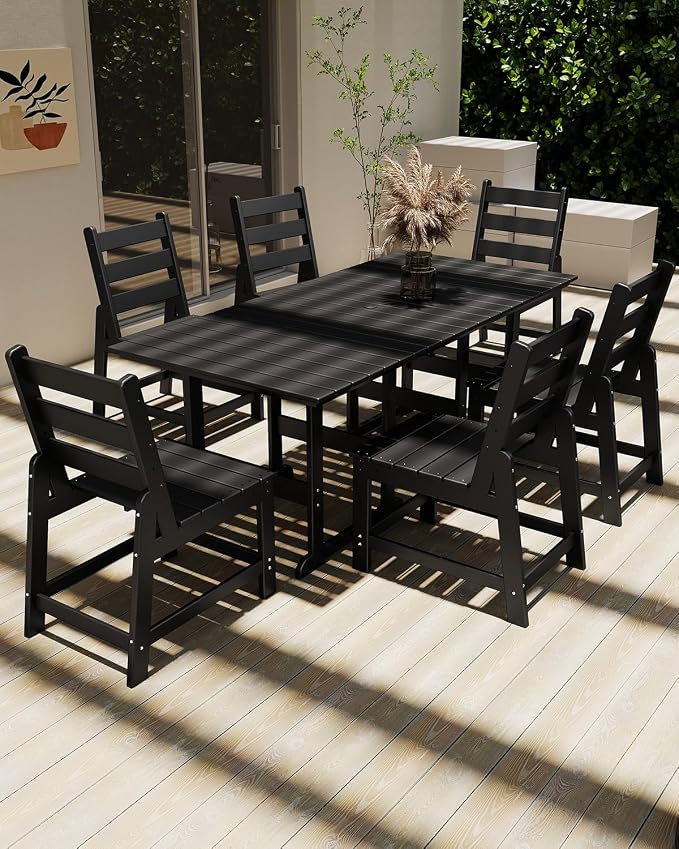 GREENVINES 7-Piece-Outdoor-Table-and-Chairs | HDPE | Patio Furniture | Dining Sets for 6 | Armless Chair | All Weather | Connectable Tables | for Backyard Poolside Garden | Black