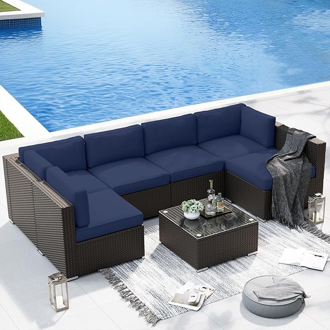 SUNCROWN 7-Piece Outdoor Patio Furniture Sofa Set All-Weather Black Wicker Sectional Cushioned Washable Seat Conversation Set with Modern Glass Coffee Table and Cushions, Backyard, Garden, Dark Blue