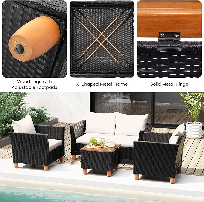 Tangkula 4 Piece Outdoor Conversation Set, Patio Cushioned Chairs w/Storage Coffee Table, Acacia Wood Tabletop & Chair Legs, Patio Wicker Furniture Set for Poolside, Lawn, Porch (1, Off White)