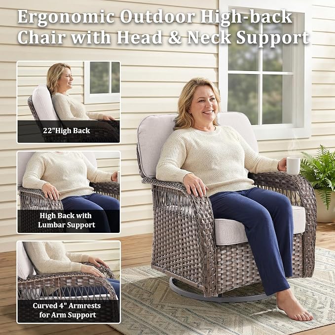 Patio Furniture Sets, 2 PCS Wicker Outdoor Furniture - Patio Swivel Rocking Chairs with All-Weather Olefin Cushions for Garden, Porch, Backyard, Beige/Brown Wicker