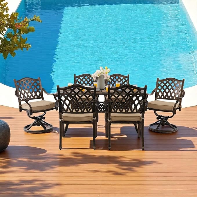 7 Piece Cast Aluminum Outdoor Dining Set, Retro Patio Dining Furniture Set for 6 Includes 59” Table 2 Swivel & 4 Stackable Lattice Chairs with Cushions and 2“ Umbrella Hole for Porch Poolside Garden