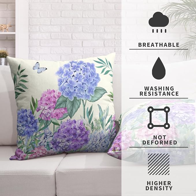 Hydrangea Pillow Covers 20x20 Set of 2 Spring Flowers Outdoor Pillow Covers Blue Purple Hydrangea Eucalyptus Throw Pillowcase Cotton Linen Cushion Case for Sofa Outdoor Patio