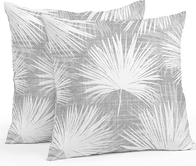 Throw Pillow Covers 24x24 Inch Set of 2, Grey Palm Leaves Coastal Waterproof Outdoor Pillow Covers, Summer Tropical Botanical Boho Decorative Cushion Pillowcases for Couch, Sofa, Bed, Garden, Patio