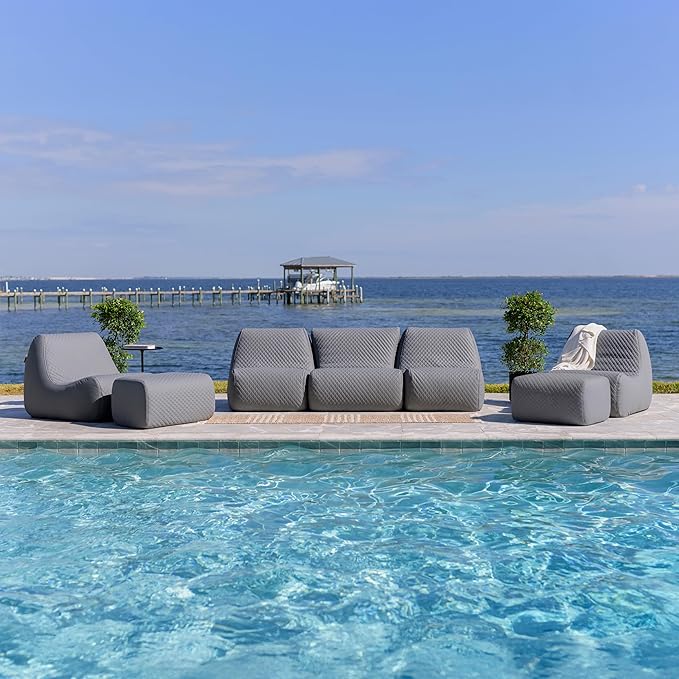 Big Joe Solvana Outdoor Sectional, 7 Piece Patio Furniture Set, Weather-Resistant Cool Touch Silicone Stitched Leather Sofa, Moonlit Gray