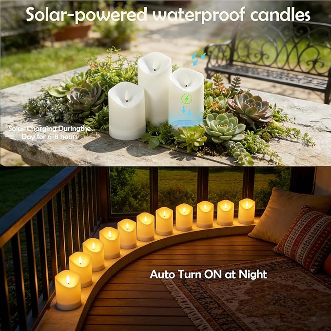 Nimiko Solar Outdoor Waterproof Flameless Candles - 5 Pack Solar & Battery Operated LED Candles, White (D3.25" x 4"/5"/6" Assorted Heights) for Garden, Patio, Outdoor Decoration
