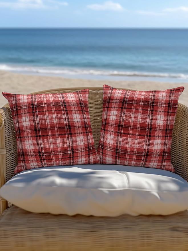 Waterproof Outdoor Pillow Set of 2 Red Checked Plaid Decorative Throw Pillows Cover & Insert 18x18 Inch Pillowcase Stripes Woven Grid Square Pillows for Couch Sofa Bed Patio Furniture Indoor Outdoor