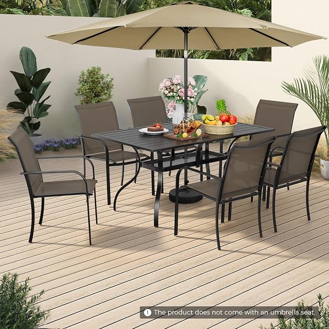 Incbruce 8 Pieces Patio Dining Set with Brown Umbrella, Outdoor Dining Set of 6 Textilene Chairs and Rectangle Table with Umbrella Hole for Backyard, Garden, and Poolside (Brown)