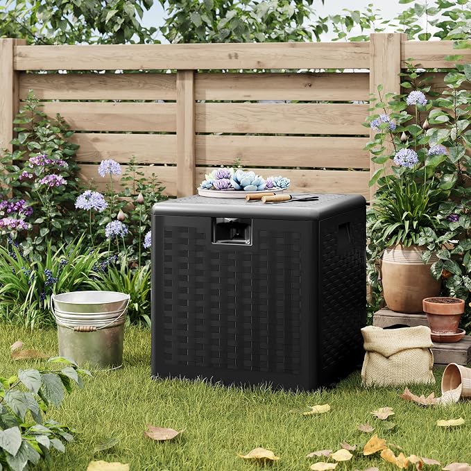 IDEALHOUSE 28 Gallon Deck Box, Waterproof Outdoor Storage Box with Lockable Lid, Heavy-Duty Resin Patio Furniture Cushion Storage Container for Garden, Backyard and Poolside, Black
