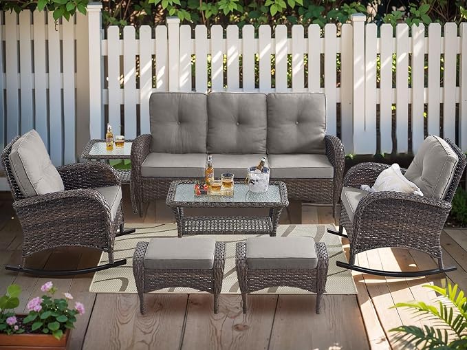 HUMMUH 7-Piece Outdoor Patio Furniture PE Wicker Patio Conversation Set,High Back Patio Couch with Ottomans Outdoor Rocking Chairs with Tables for Backyard,Porch,Deck
