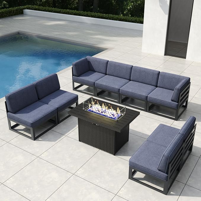 9 Pieces Aluminum Patio Furniture Set with Propane Gas 44" Fire Pit Table, Metal Outdoor Conversation Sofa Set with Seating Cushions