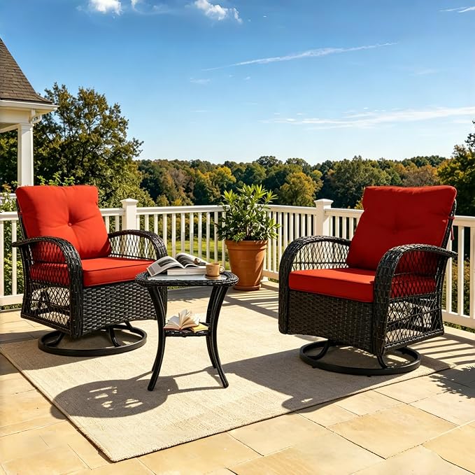 SHGJ&SOFT 3 Piece Patio Furniture Set, 2 Outdoor Swivel Rocking Chairs with Side Table, Wicker Glider Chairs, All-Weather Rattan Bistro Set for Porch, Deck, Pool (Red, Brown Open-Weave Rattan)