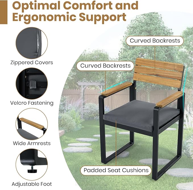 6-Piece Outdoor Acacia Wood Dining Set, 1 Table with 4 Chairs & 1 Bench, Comfortable Cushions on Chairs, Adjustable Feet, for Patio, Garden, Backyard Family Gatherings (Gray-6A)
