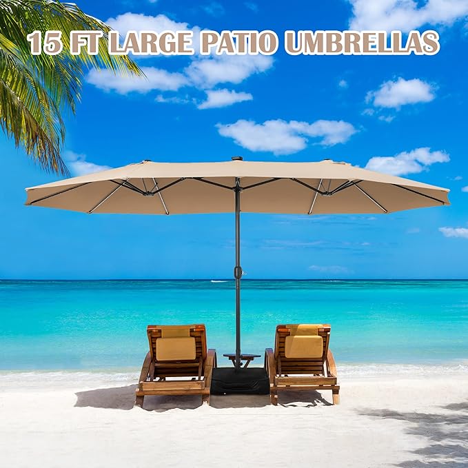 Sundale Outdoor Solar 15 ft 144 LED Olefin 5-Year-Non-Fading Patio Umbrella with Sandbag Base Included and Cover, Outdoor Double-Sided Umbrella with Lights