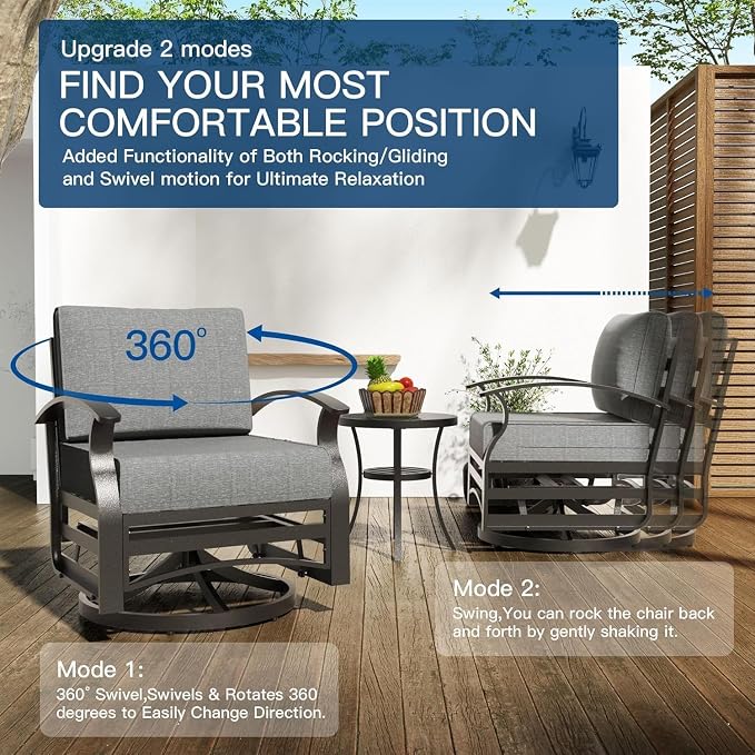 Kullavik Aluminum Patio Furniture Set,8 Piece Modern Metal Outdoor Patio Furniture w/5.1'' Thick Cushion,Swivel Chairs and Round Coffee Table,Patio Conversation Sets for Porch,Deck,Grey