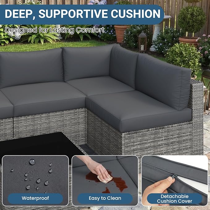 Wisteria Lane 7 Pieces Outdoor Patio Furniture Set, Wicker Outdoor Patio Sectional Sofas with Coffee Table, All-Weather Patio Conversation Set for Garden Backyard, Grey