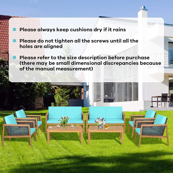 8 Pieces Outdoor Acacia Wood Furniture Set, Outdoor PE Wicker Conversation Set with Coffee Table and Soft Cushions, Outdoor Sofa Set for Garden, Poolside and Backyard