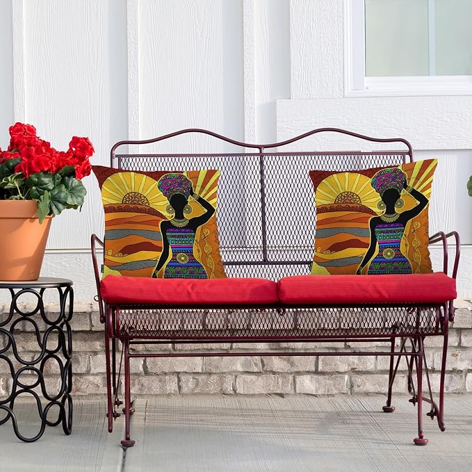 Swono African Woman Throw Pillow Cases Pack of 2, Black African Woman Square Cushion Covers Decor Pillow Covers for Couch Sofa Home Farmhouse Decoration 18 X 18 Inches Pillowcases