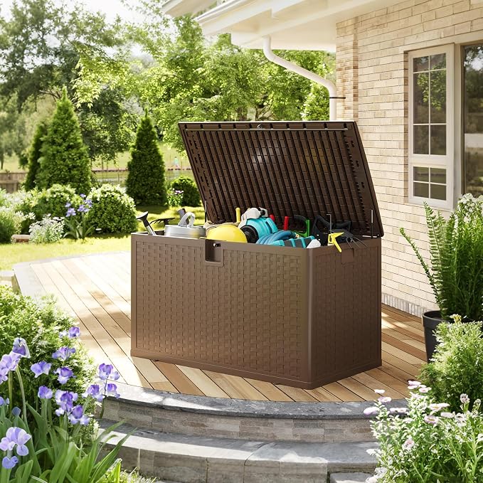 120 Gallon Outdoor Storage Box, Large Waterproof Resin Deck Box Indoor and Outdoor Use, Lockable Patio Storage Box for Garden Cushions, Tools, Equipment, Brown