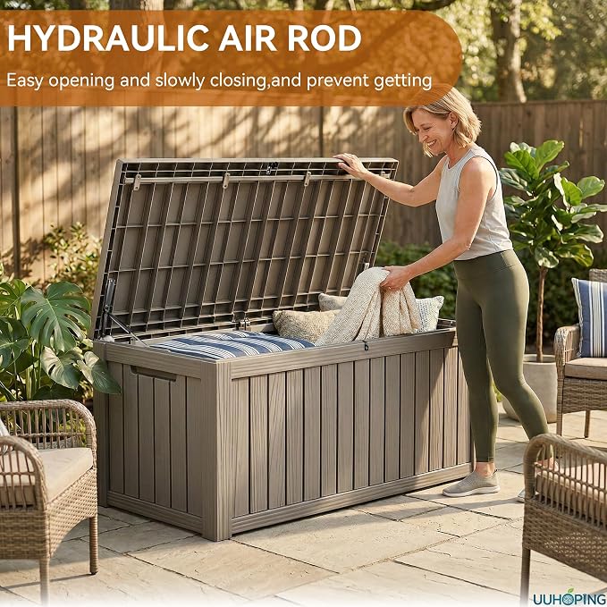 ROJIK Outdoor Storage Box – 150 Gallon Mobile Waterproof Resin Deck Box, Lockable Storage for Patio Cushions, Garden Tools, Pool Accessories – UV-Resistant Storage Bench for Backyard & Deck(Grey)
