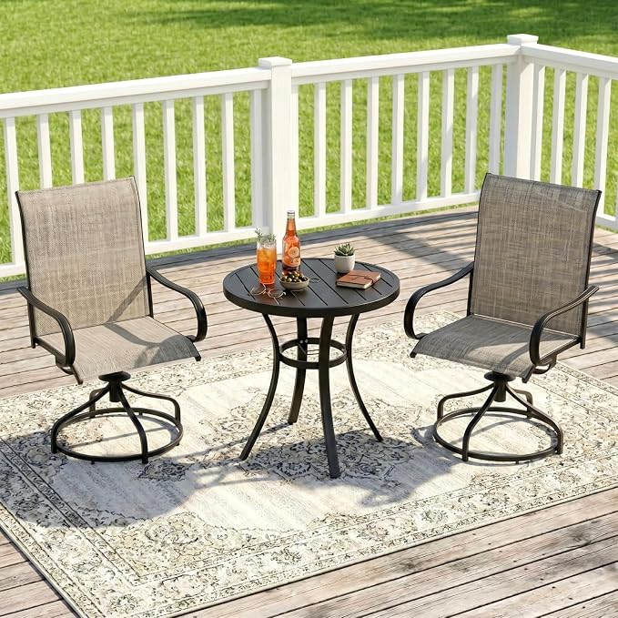 TLSUNNY 3 Piece Patio Dining Set for 2, Outdoor Table and Chairs W/1.57"-1.8" Adjustable Umbrella Hole & Foot Pads, 27.6" Round Metal Table and Patio 360° Swivel Chair, Rocking not Included (Brown)