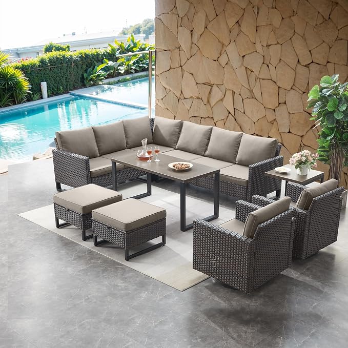 HUMMUH 8 Piece Patio Furniture Set PE Wicker Outdoor Sectional Sofa and Patio Swivel Chairs Outdoor Dining Table Ottomans for Porch,Garden,Backyard,Deck(Brown/Grey)