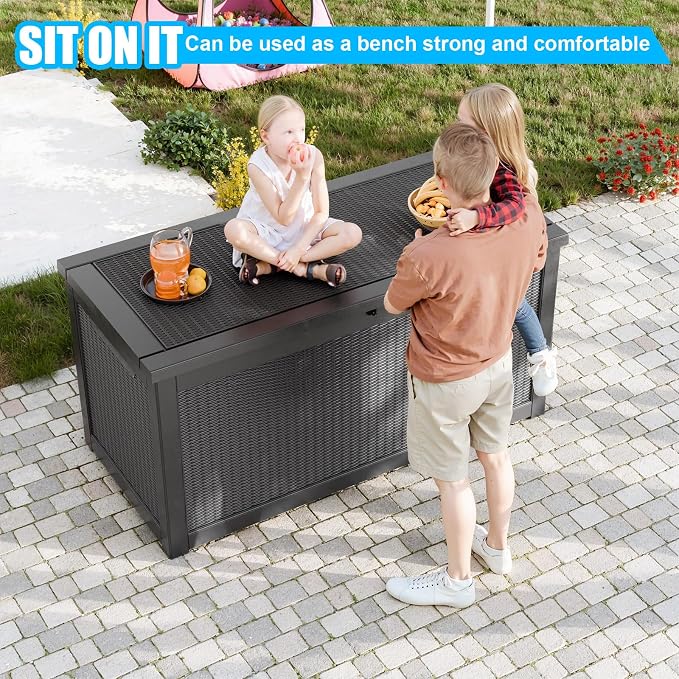 320 Gallon Outdoor Deck Box, Resin Waterproof Storage Box With Lockable Lid, UV-Resistant Multi-Purpose Outdoor Storage Bench for Patio Cushions, Garden Tools, Pool Accessories (Black)