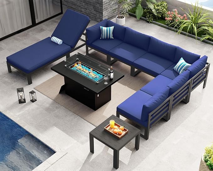 NICESOUL 9 Piece Large Modern Aluminum Patio Furniture Set, Water Resistant Modular Outdoor Conversation Set with Chaise & Fire Pit Table, 500 lbs Durable Modular Sectional Sofa for Garden, Navy Blue