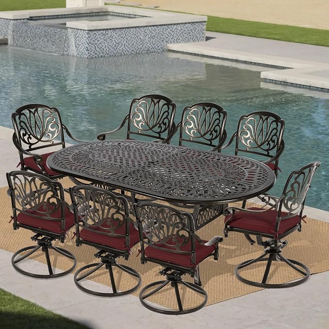 VIVIJASON 9-Piece Patio Furniture Dining Set, All-Weather Cast Aluminum Outdoor Conversation Set, Include 8 Swivel Dining Chairs and an Oval Table with Umbrella Hole for Garden Backyard, Red Cushion