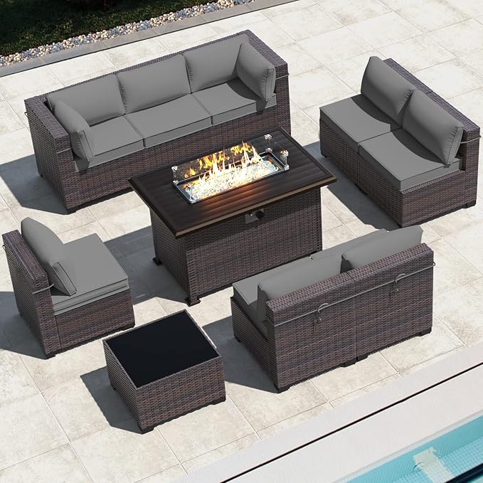 Outdoor Patio Furniture Set with Fire Pit Table, 10 Pieces Outdoor Furniture Set Patio Sectional Sofa w/43in Propane Fire Pit, PE Wicker Rattan Patio Conversation Sets - Grey.