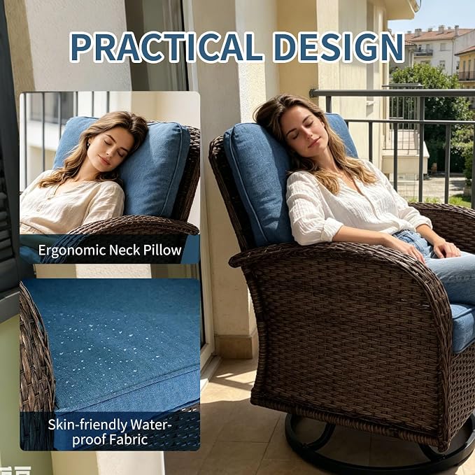 Outdoor Swivel Rocker Patio Chairs (Brown Wicker/Blue Cushion, 7PC/Sofa & Swivel &2 Table & Ottomans)