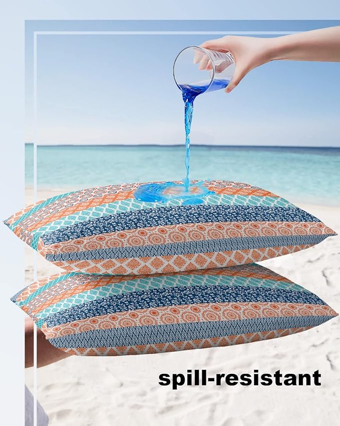 Outdoor Waterproof Pillow Covers Set of 2, Boho Geometric Floral Stripe Ethnic Turquoise Orange Blue Patio Throw Pillow Covers, Decorative Cushion Case for Couch Sofa Furniture Garden, 20x12 Inch