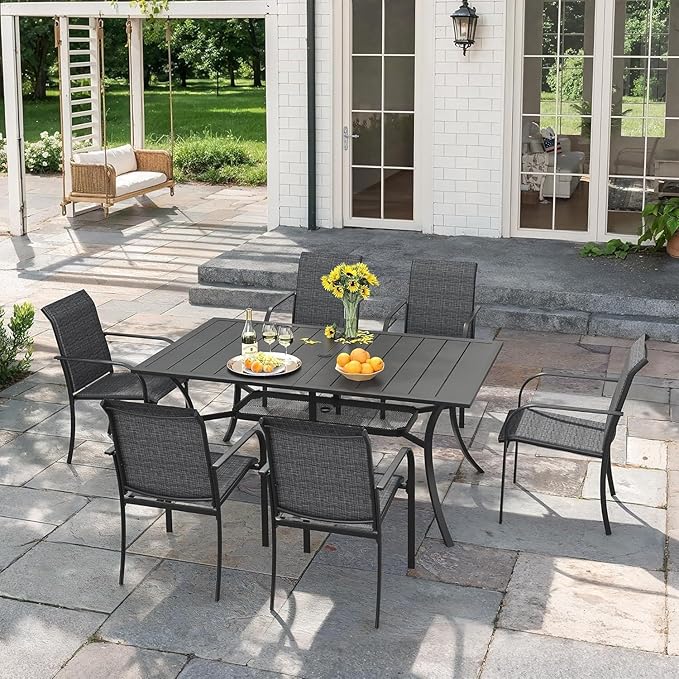 VICLLAX 7 Pieces Patio Outdoor Dining Set, 59" Metal Dining Table with Umbrella Hole and 6 Stackable Textilene Chairs for Patio, Lawn, Garden, Porch, Black Table/Grey Chairs