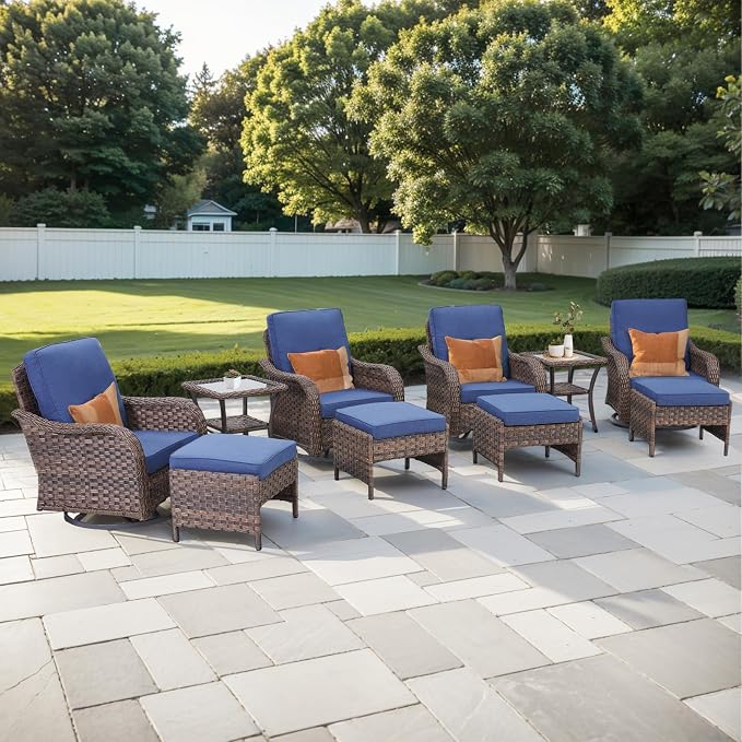 10 PCS Patio Furniture Set, 4 Swivel Rocking Chairs with 4 Ottomans & 2 Side Tables, 4-Inch Thick Olefin Cushions, 300 lbs Capacity Wicker Swivel Rocker Chairs for Porch, Fire Pit, Blue