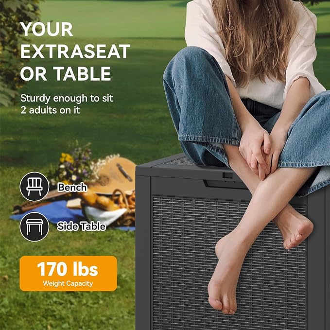 KAMABOKO 29 Gallon Outdoor Storage Box, Resin Deck Boxes Indoor and outdoor, Waterproof Storage Box Lockable Lid for Garden Tools, Package Delivery, Pool Supplies, Patio Cushions, Black
