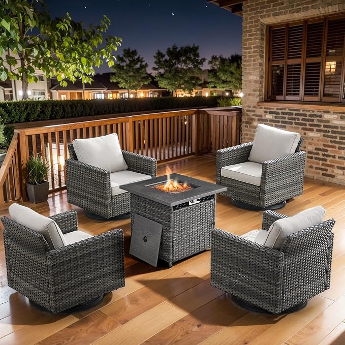 Belord 5 Pieces Wicker Patio Furniture Set: 4 Outdoor Swivel Glider Rocker Patio Conversation Set with 50000BTU Propane Fire Pit Table, All Weather Grey Rattan Anti-Rust Frame, Beige Cushion