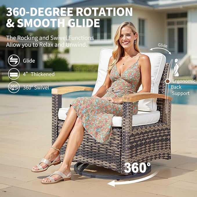 MEISSALIVVE 8 Pieces Patio Furniture Sets,Wicker Patio Conversation Sets with 2 Wood Armrests Swivel Glide Chairs, Outdoor Conversation Set for Deck Yard and Poolside (Beige)