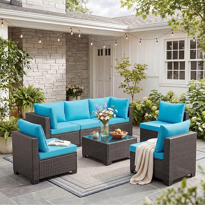 ANJ 7 Piece Outdoor Wicker Patio Furniture Set, Modular Loveseat Sofa with with Glass Top Coffee Table, All-Weather Rattan Conversation Couch Set for Balcony, Backyard, Dark Brown Wicker-Turquoise