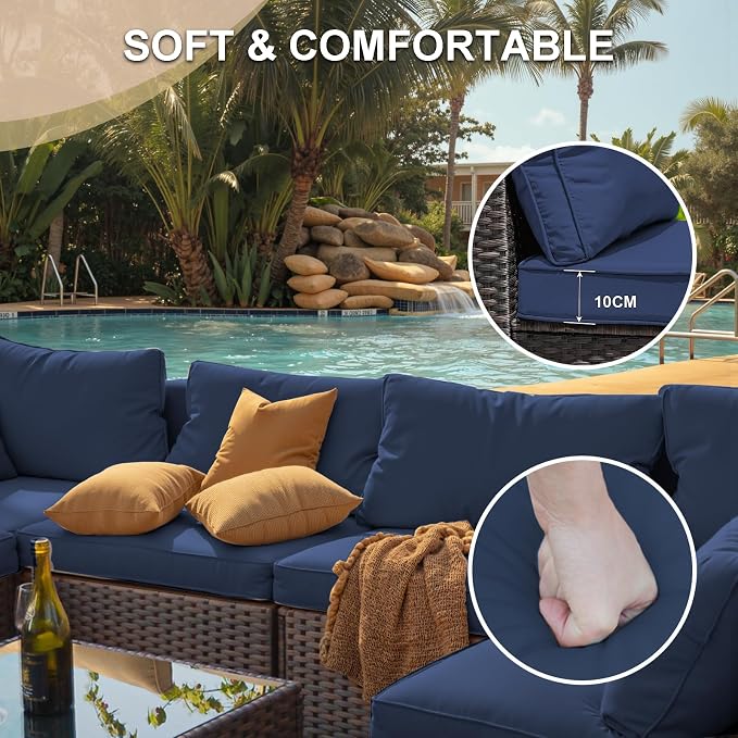 9 Piece Patio Furniture Set with 42" Fire Pit Table, Outdoor Wicker Rattan Sectional Sofa Set, Patio Conversation Set with Thickened Cushions, Blue