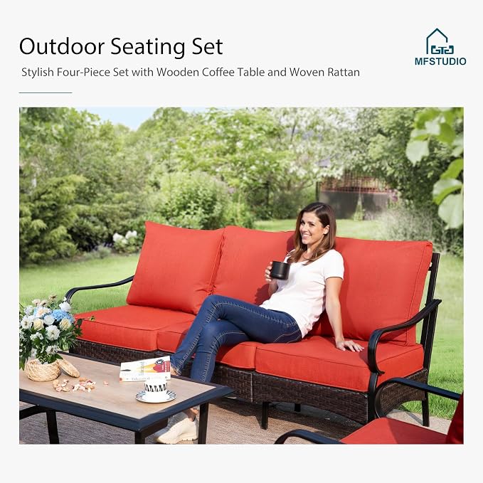 MFSTUDIO 4 Pieces Outdoor Patio Furniture Set, Metal Outdoor Conversation Set, Rattan Wicker Patio Sectional Set with 2 x Fixed Single Sofa, 3-Seat Sofa, 1 x Fire Pit Table, Red