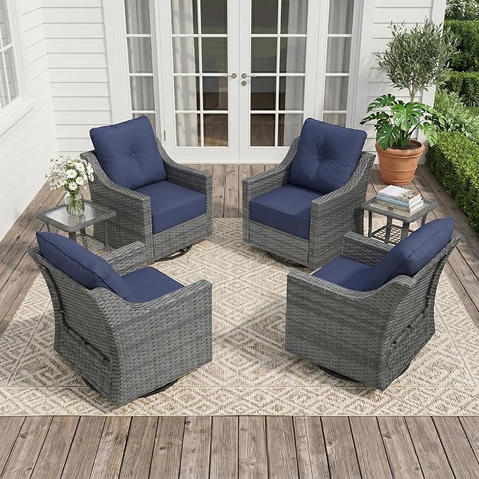 6 Piece Patio Furniture Set, 360°Swivel Glider Patio Chairs Set of 4, Outdoor Side Table Set of 2, Comfortable Seating with Thick Cushions, All-Weather Wicker Patio Set For Porch Deck Balcony Garden