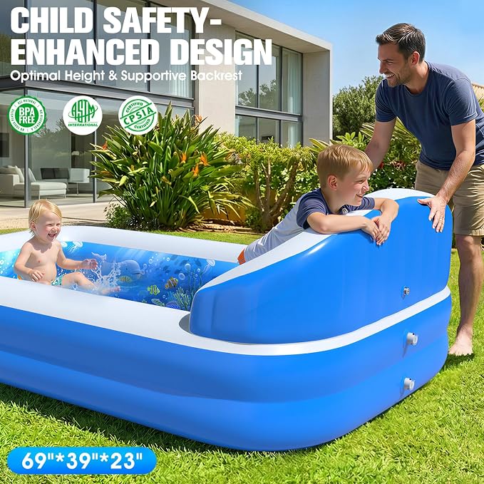 2026 Inflatable Pool with Sprinkler,Durable Blow up Pool with Big Backrest, Rectangle Kid Pool Backyard,Children Swimming Pool,Small Inflatable Kiddie Pool,Outdoor Water Pool for Kid69×39×23IN