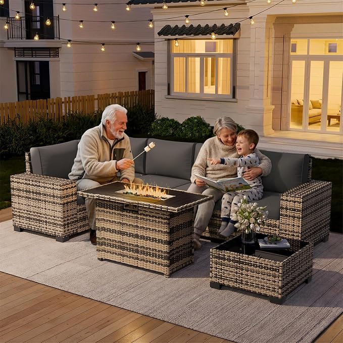 Amopatio 7 Piece Patio Furniture Set with 8" Armrest & 44" Fire Pit Table, Outdoor Wicker Rattan Sectional Sofa Conversation Set for Backyard, Garden, Poolside(Grey Cushion)