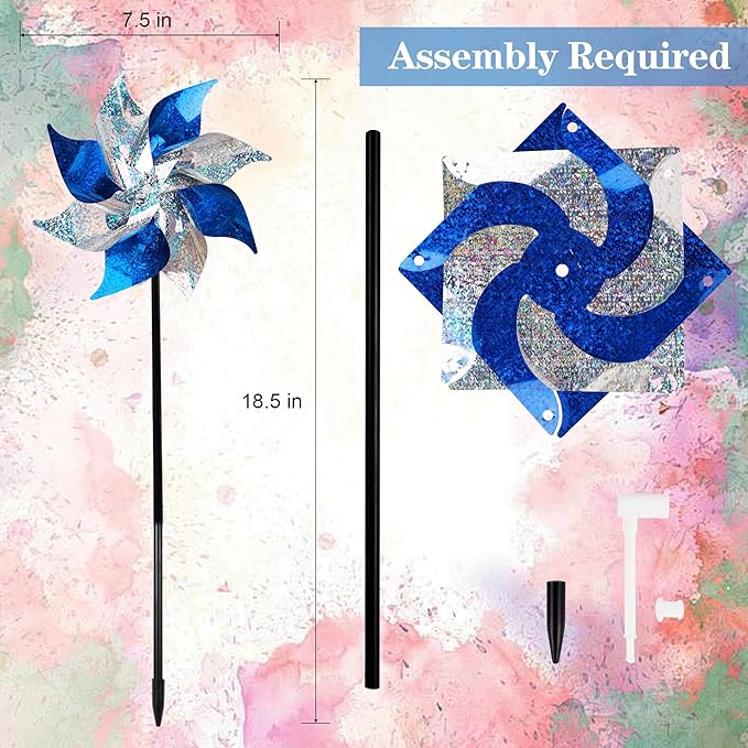 Hausse 10 Pack Reflective Pinwheels with Stakes (Assembly Required), Extra Sparkly Pin Wheel for Garden Decor, Bird Repellent Devices Deterrent to Scare Birds Away from Yard Patio Farm, Blue & Sliver