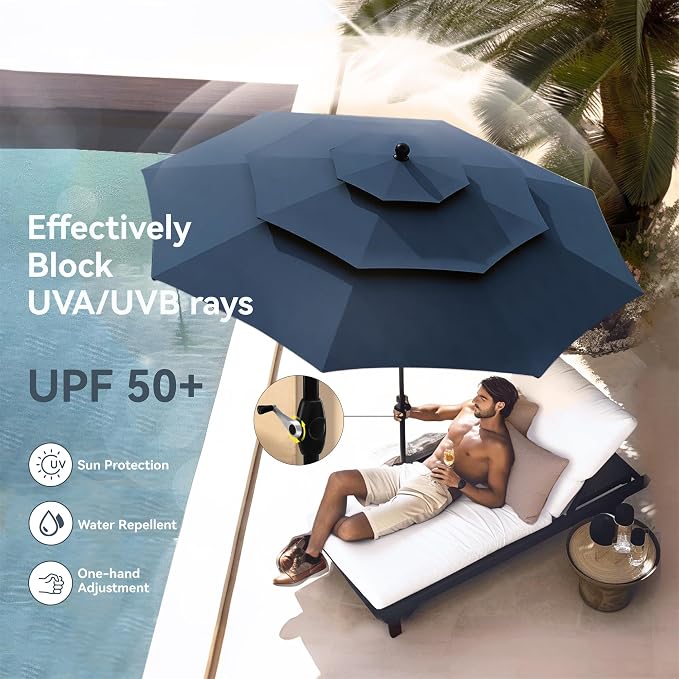 PHI VILLA Outdoor Dining Furniture Set with Umbrella, Patio Dining Set for 4 with Metal Outdoor Table and Chairs, Patio Table Set with Portable Folding Chairs & Navy Blue Umbrella (No Base)