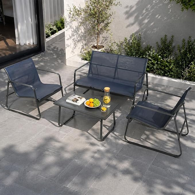 Kozyard Sofia 4-Piece Patio Conversation Set, Outdoor Furniture Set with Loveseat, 2 Chairs & Table, Breathable Textilene Seating, Powder-Coated Metal Frame, All-Weather for Balcony Backyard Navy Blue
