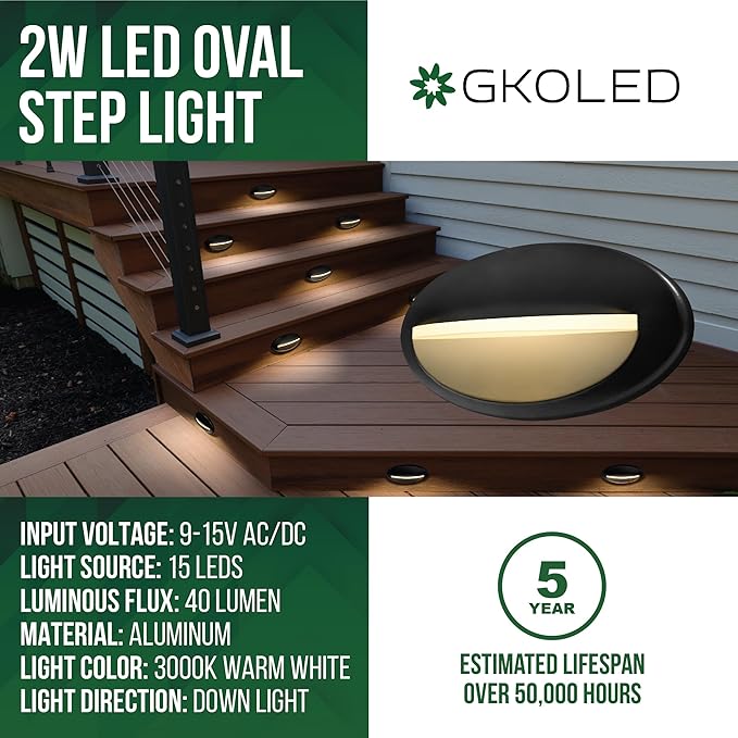 GKOLED 2-Pack Low Voltage LED Oval Stair Lights, Outdoor Riser Step Lights, Landscape Lighting, IP65 Waterproof, 2W 9-15V AC/DC, 3000K, Patio Deck, Die-cast Aluminum, Powder Coated Finish, Matte Black